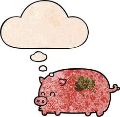 cute cartoon pig with thought bubble in grunge texture style