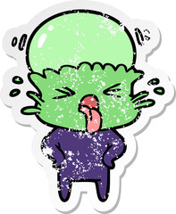 distressed sticker of a weird cartoon alien