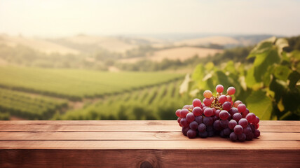 Wooden empty rustic table with red grape, on blurred vineyard landscape background natural organic product placement montage mockup. - obrazy, fototapety, plakaty