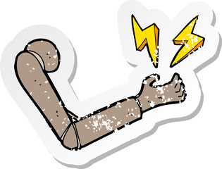 retro distressed sticker of a cartoon prosthetic arm