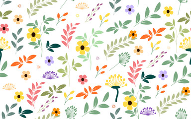 Hand drawn Floral seamless pattern ornate decorative colorful flowers, leaves branches ornamental vector spring design daisy on white background