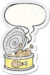 cartoon canned food with speech bubble distressed distressed old sticker