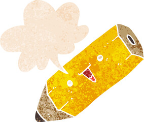 cute cartoon pencil with speech bubble in grunge distressed retro textured style