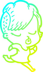 cold gradient line drawing of a cartoon pretty hipster girl