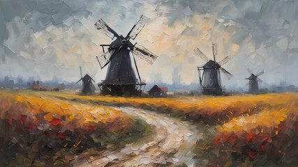 A field with windmills. Oil art. Wallpaper image. AI generated