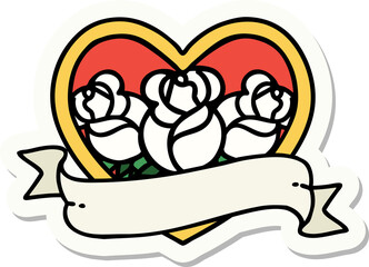sticker of tattoo in traditional style of a heart and banner with flowers