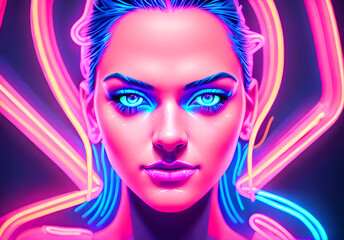 Fototapeta na wymiar Portrait of a girl in neon colors, cyberpunk style, sci fi, cyber, future generative AI