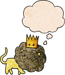 cartoon lion with crown with thought bubble in grunge texture style