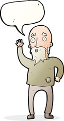 cartoon old man waving with speech bubble