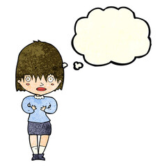 cartoon woman making Who Me? gesture with thought bubble