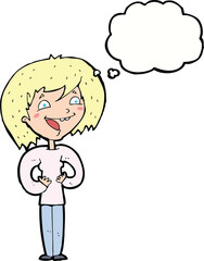 cartoon excited woman with thought bubble