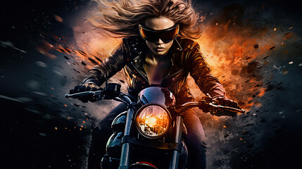 Blonde motorcyclist woman on motorcycle at night. Young driver biker looking away outdoors alone on highway. Ready for trip. Cafe racers, motorbike aesthetics