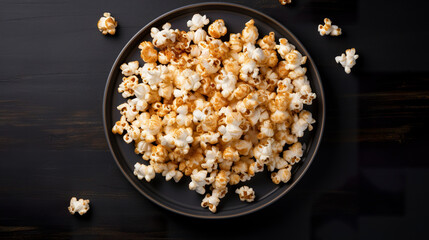 Perfectly popped popcorn with brown sugar and cinnamon mixture on dark plate. Popcorn in golden grains with sugar and a warm touch of cinnamon. - obrazy, fototapety, plakaty