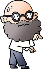 cartoon worried man with beard and spectacles pointing finger