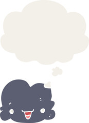 cartoon tiny happy cloud with thought bubble in retro style