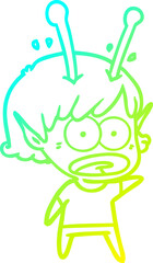 cold gradient line drawing of a cartoon shocked alien girl