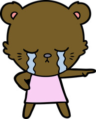crying cartoon bear in dress pointing