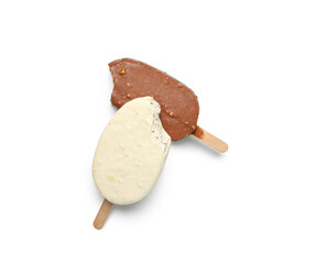 Tasty chocolate covered ice cream isolated on white background