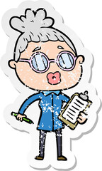 distressed sticker of a cartoon manager woman wearing spectacles