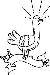 scroll banner with black line work tattoo style sea bird