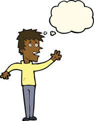 cartoon happy boy waving with thought bubble