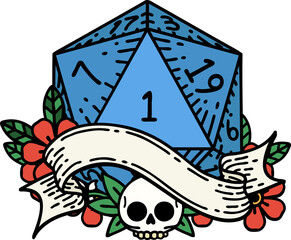 Retro Tattoo Style natural one d20 dice roll
