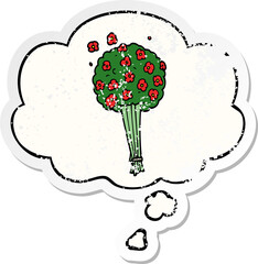 cartoon bunch of flowers with thought bubble as a distressed worn sticker