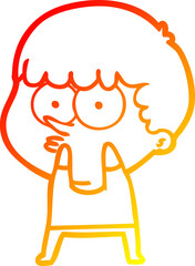 warm gradient line drawing of a cartoon curious boy