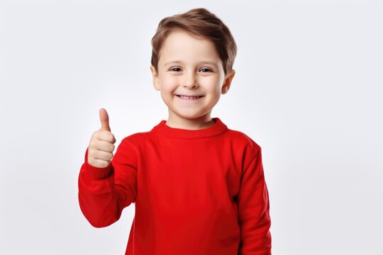 A little boy wearing a red shirt is giving a thumbs up gesture. This image can be used to convey positivity, approval, success, or encouragement.