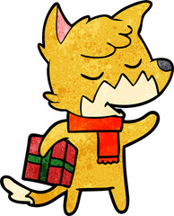 friendly cartoon fox with christmas present