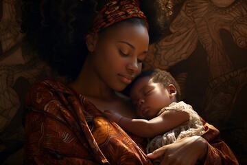 African mother tenderly holding her sleeping infant.
