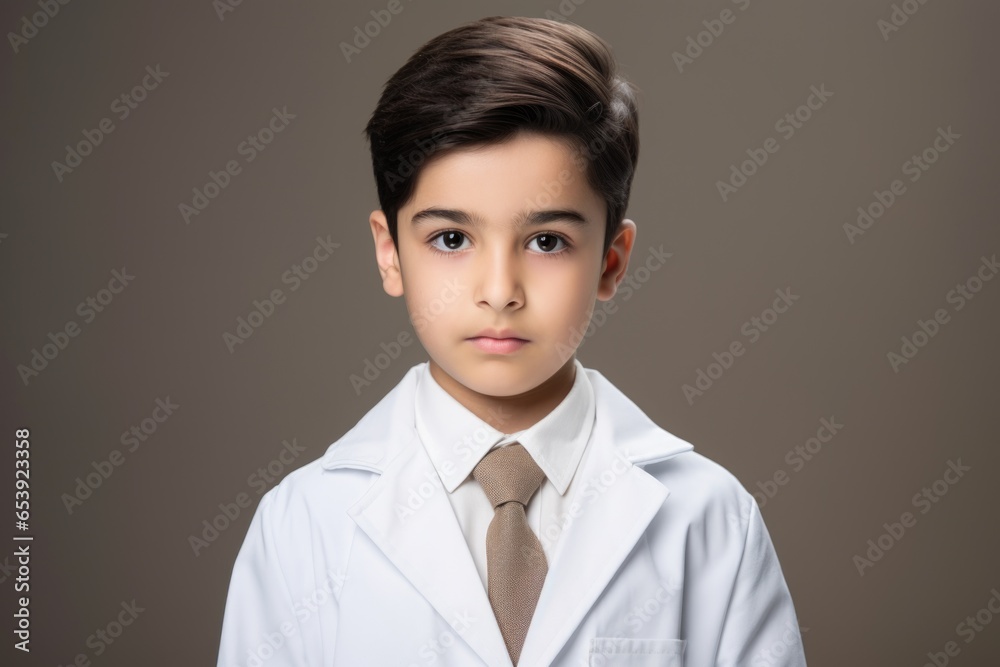Poster a picture of a young boy wearing a lab coat and tie. this image can be used to represent a child sci
