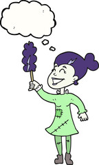 freehand drawn thought bubble cartoon undead monster lady cleaning