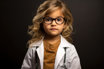 A young girl wearing glasses and a lab coat, ready for scientific experiments. This image can be used to depict curiosity, education, and scientific exploration.