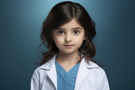 A young girl wearing a lab coat poses for a picture. This image can be used to represent science education, career aspirations, or the joy of learning.