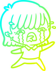 cold gradient line drawing of a cartoon girl crying