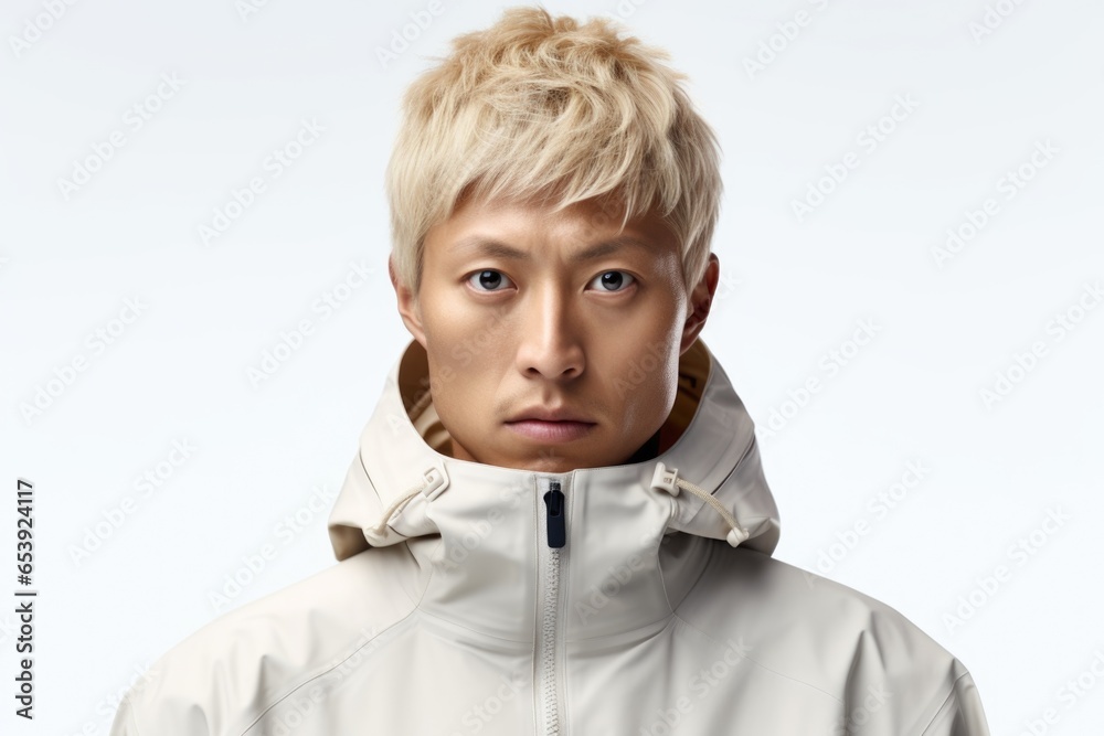 Poster A picture of a man wearing a white jacket with a hood. This versatile image can be used to depict various themes and scenarios.