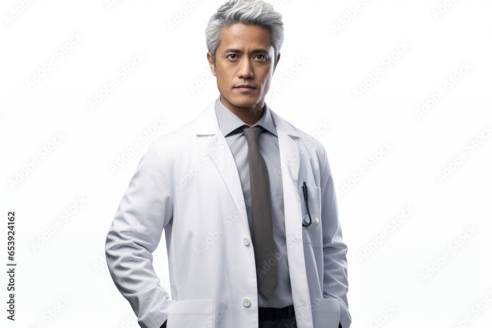 Poster a professional man wearing a white lab coat and tie. this image can be used to represent a scientist