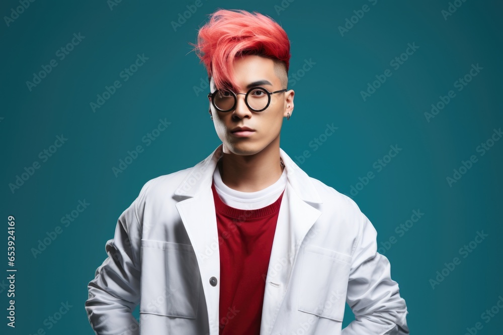 Poster a picture of a man with pink hair wearing a lab coat. this image can be used to represent a scientis