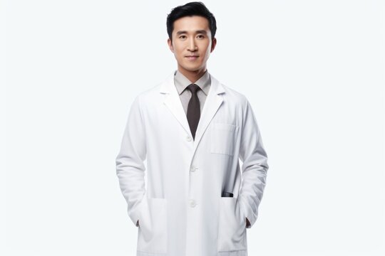 A man wearing a white lab coat and tie, representing a professional in the scientific field. This image can be used to depict a scientist, researcher, doctor, or any other professional in a laboratory