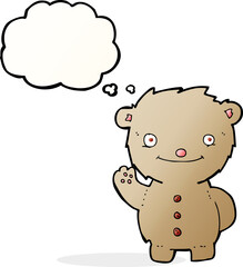 cartoon waving teddy bear with thought bubble