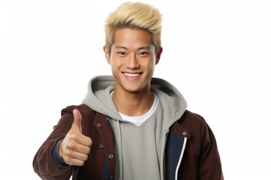 A man wearing a brown jacket is giving a thumbs up gesture. This picture can be used to convey positivity, approval, success, or agreement in various contexts.