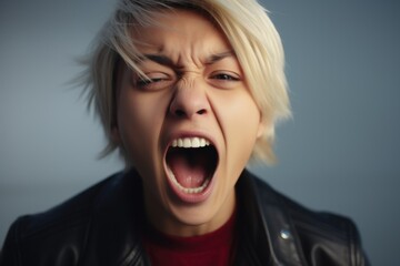 A woman wearing a leather jacket with her mouth open. This image can be used to depict surprise, shock, or excitement. It is suitable for various creative projects and can be used to add a touch of ed