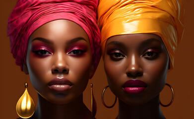 Obraz premium Closeup portrait of a two beautiful African American woman with yellow and pink makeup and head wraps. 