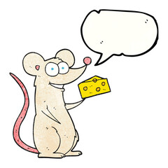 freehand speech bubble textured cartoon mouse with cheese