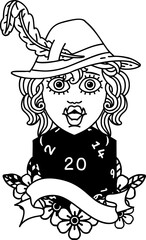 Black and White Tattoo linework Style singing half orc bard character with natural twenty dice roll