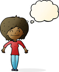 cartoon woman shrugging shoulders with thought bubble
