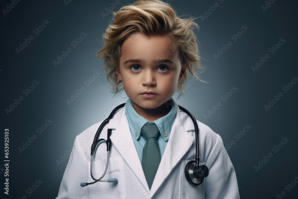 Poster A little girl dressed in a lab coat and wearing a stethoscope. This image can be used to represent children in medical or scientific settings.