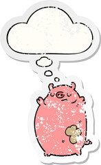 cartoon fat pig with thought bubble as a distressed worn sticker