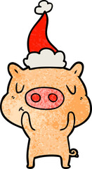 hand drawn textured cartoon of a content pig wearing santa hat